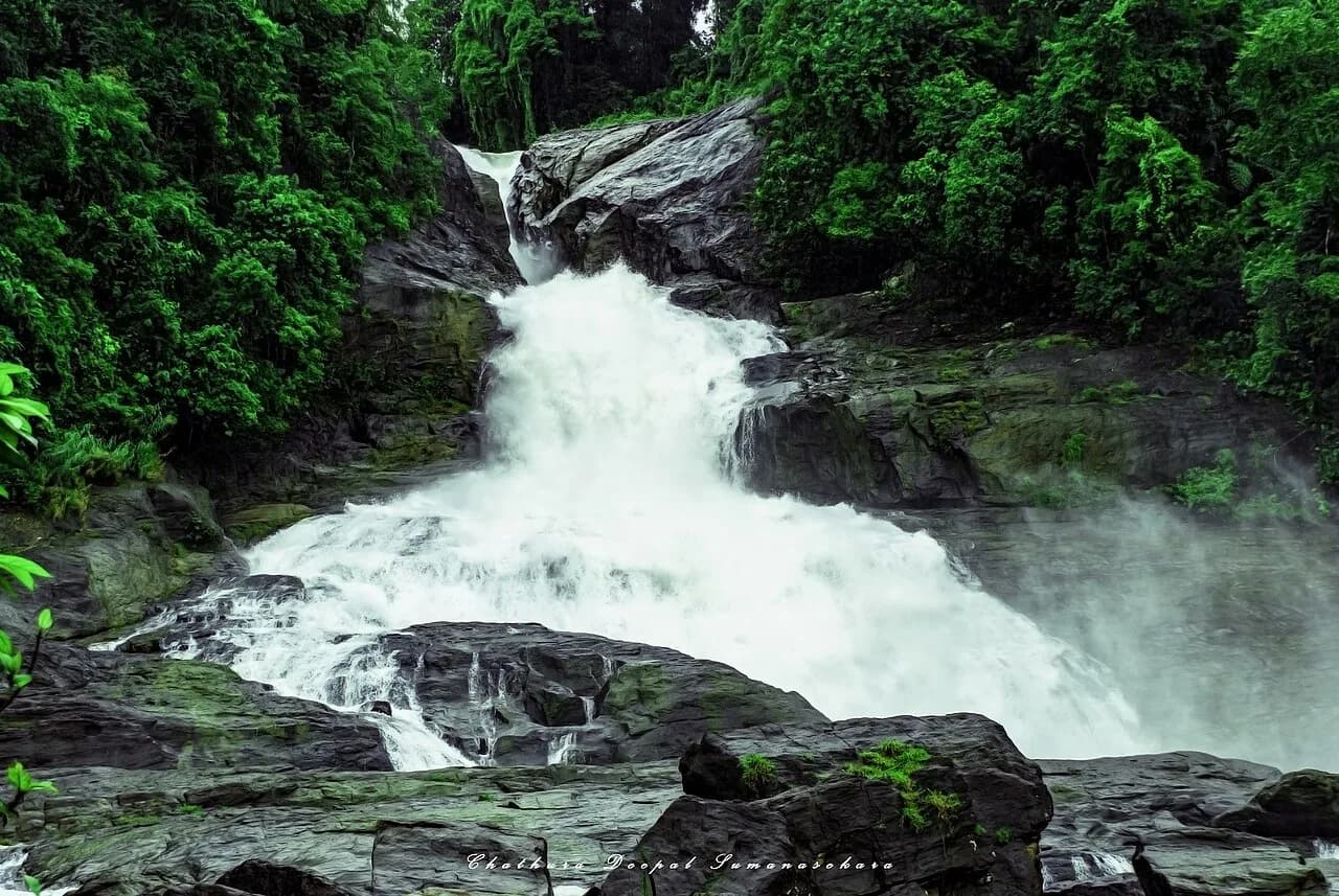 Ratnapura - Bopath Ella is a waterfall situated in the Ratnapura District of Sri Lanka. It has a shape very similar to the leaf of the Sacred fig or "Bo" tree, wh